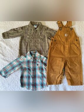 Baby Boy 12M Carter’s Long Sleeve Button up Carhartt Overalls bundle